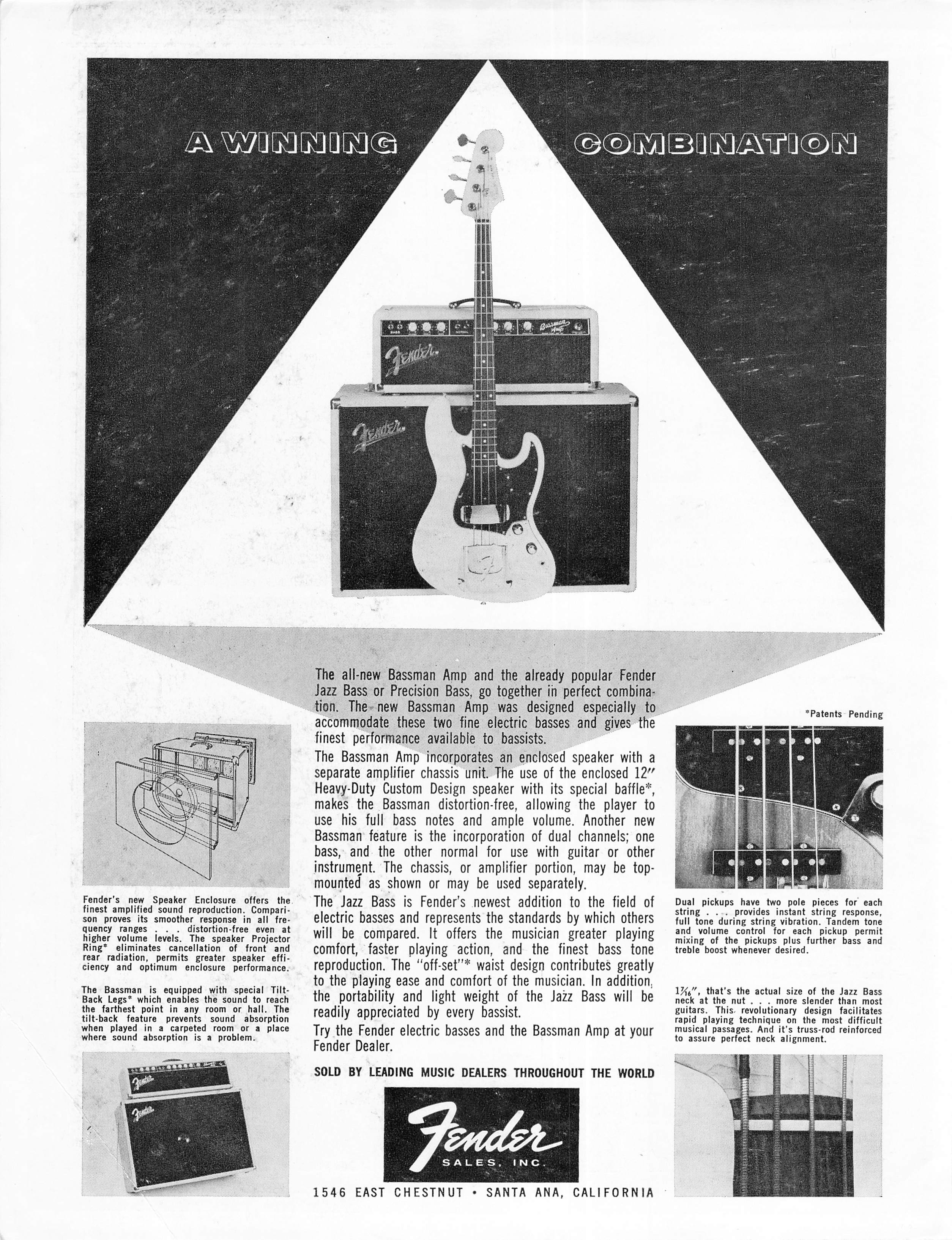 FENDER JAZZ BASS & BASSMAN AMP Original Vintage Print AD 1961 eBay