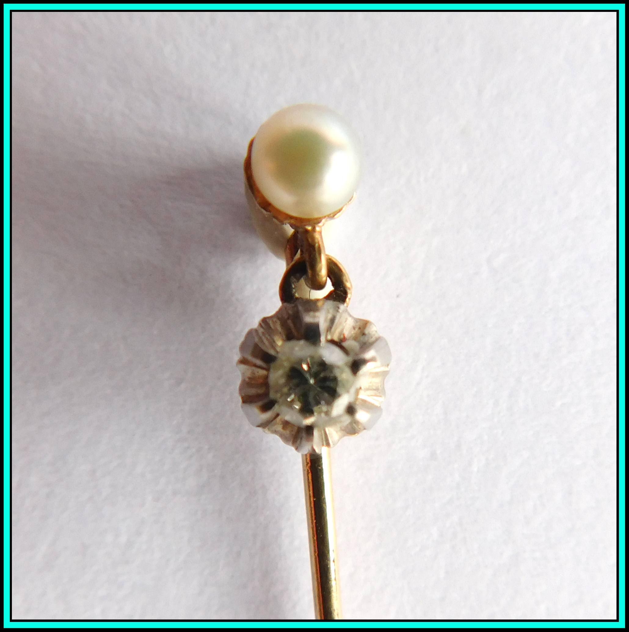 18k GOLD & Natural Diamond & Pearl Hat Stick, Pin, Tie Pin, Lapel Pin